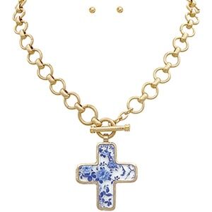 Cross w/Chinoiserie Print Necklace Set